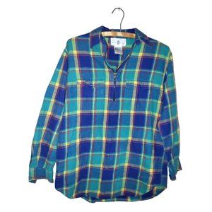 vintage Cotton Ginny women's pullover green blue plaid flannel shirt, size S